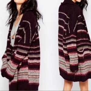 Free People Sweater Purple Striped Alpaca Wool Blend Cardigan Coat Sz M NEW
